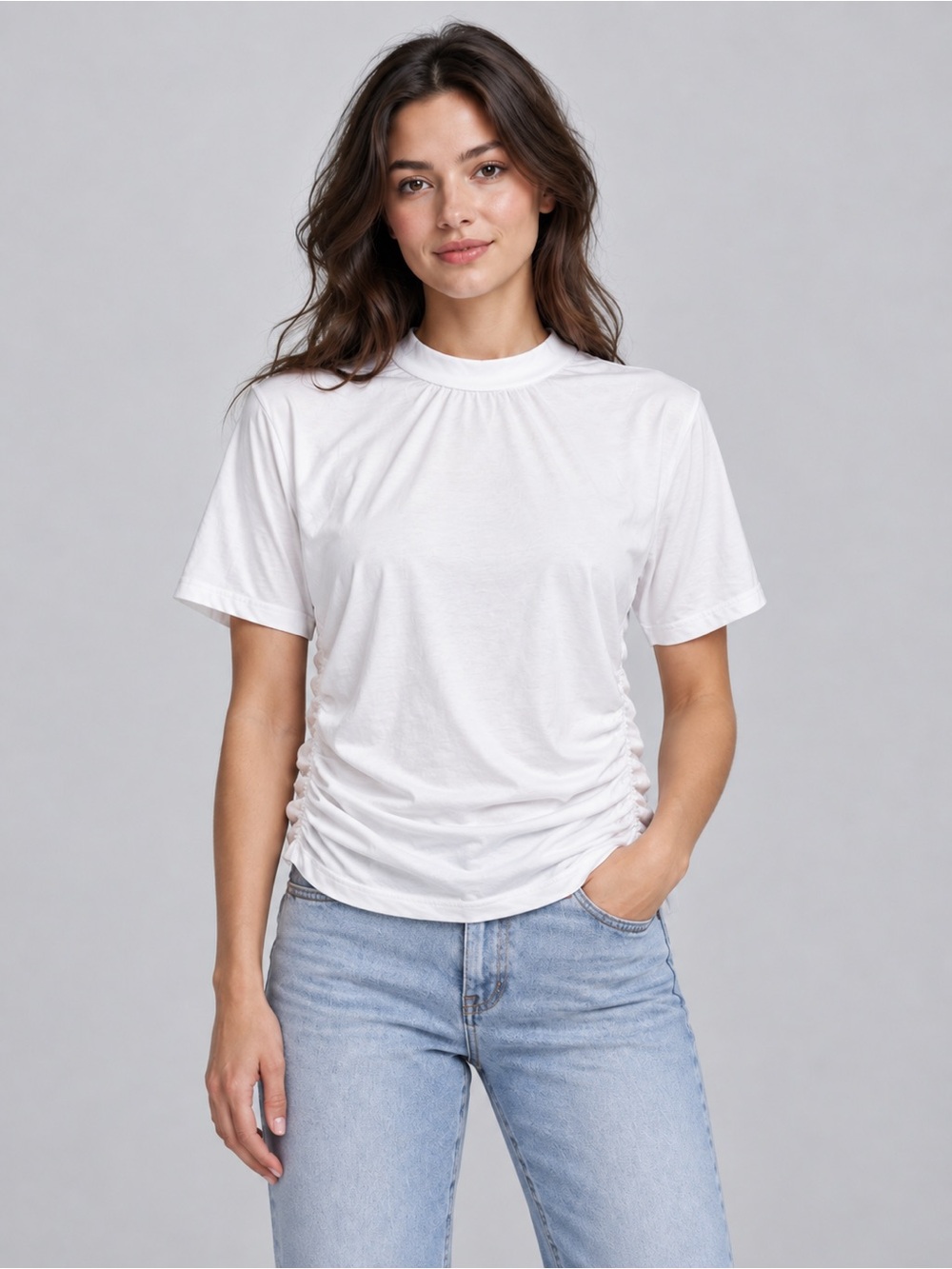 HALARA Women's White Short Sleeve Ruched Side Tee